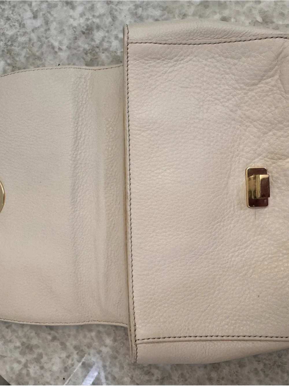 Tory Burch Light Cream Pebbled Leather Crossbody with Gold Logo Chain